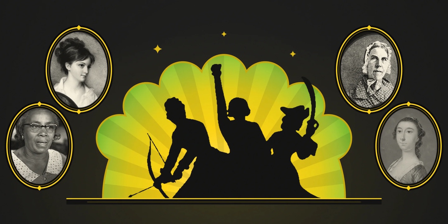 Badass Broads of Charleston masthead: silhouettes of women with a bow, a raised fist and a cutlass against a green and yellow burst, flanked by portraits of four historical Charleston women