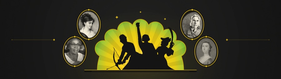 Badass Broads of Charleston masthead: silhouettes of women with a bow, a raised fist and a cutlass against a green and yellow burst, flanked by portraits of four historical Charleston women