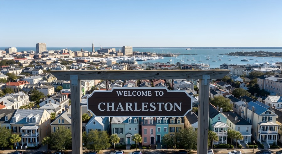 A "Welcome to Charleston" sign above the city's pastel rooftops, with the marina and harbour beyond