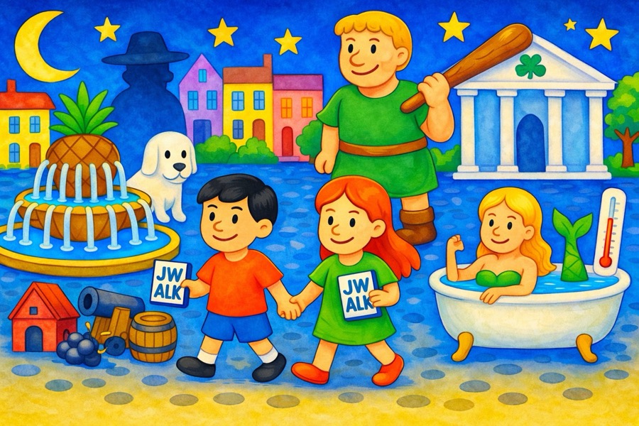 Illustration of two children holding JWalk passports on a Charleston street at night, with the Pineapple Fountain, a cannon, a columned building and a crescent moon around them