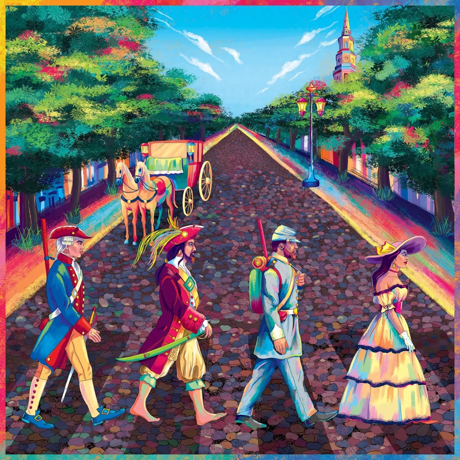 JWalk Tours illustration: a Revolutionary War officer, a pirate, a Confederate soldier and a Southern belle walking in line across a rainbow-coloured cobblestone Charleston street, with a horse-drawn carriage and a church steeple behind them