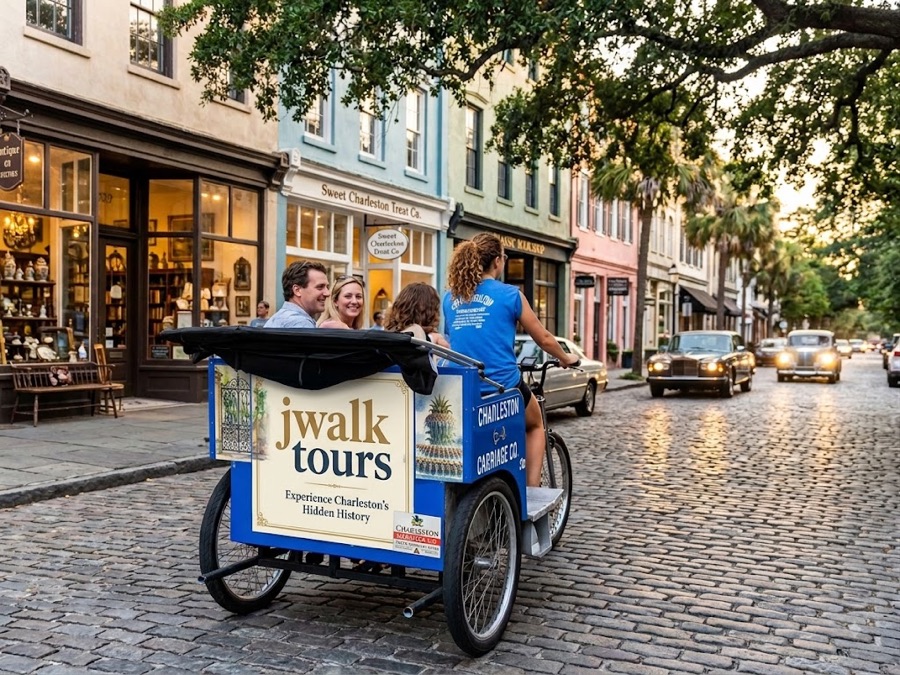 A bicycle-powered pedicab waiting on a Charleston street